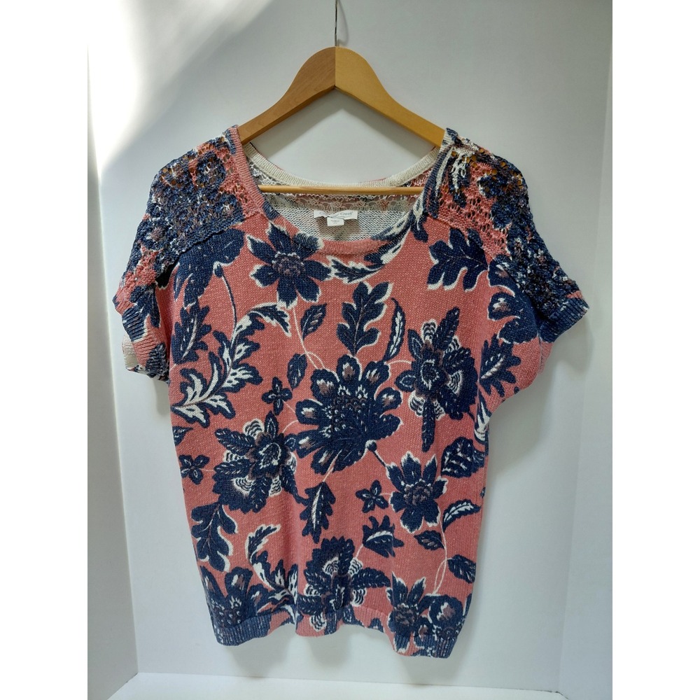 Coldwater Creek Womens Floral Short Sleeve Sweater Pink Blue Crochet Lace XS